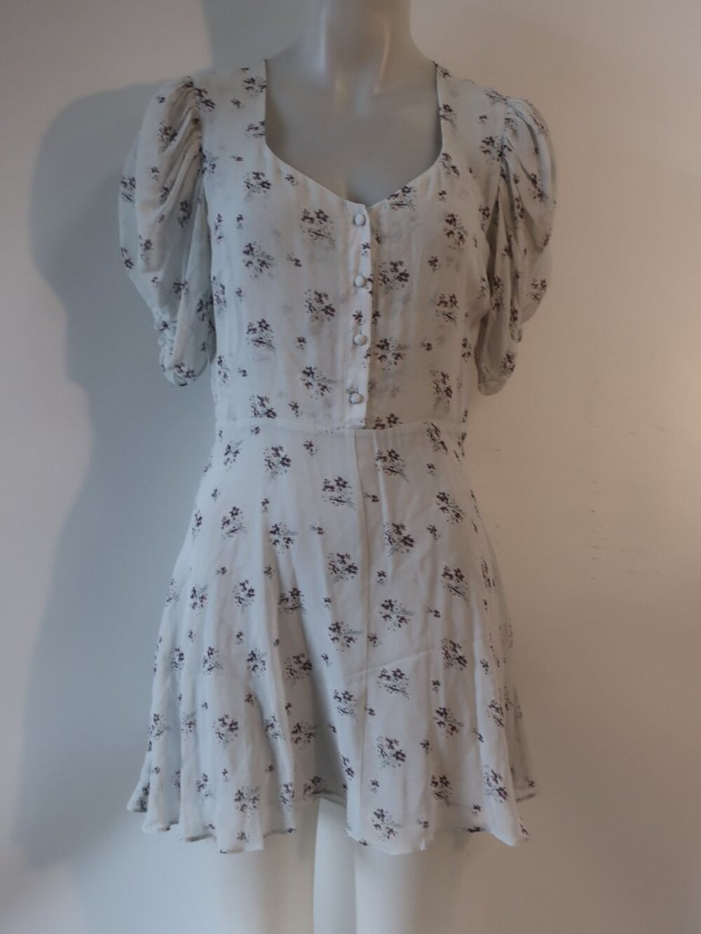 LoveShackFancy Cora Light Gray (Item-426) Silk Puff Sleeve Floral Mini Dress XS